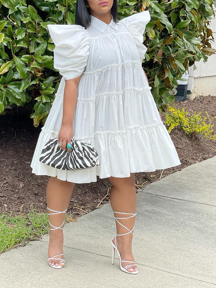 Puff Sleeve Ruffle Shirt Dress White / S