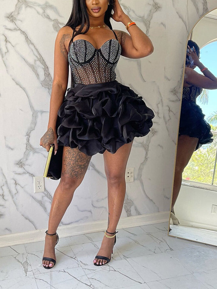 Rhinestone Mesh Ruffle Dress Black / L