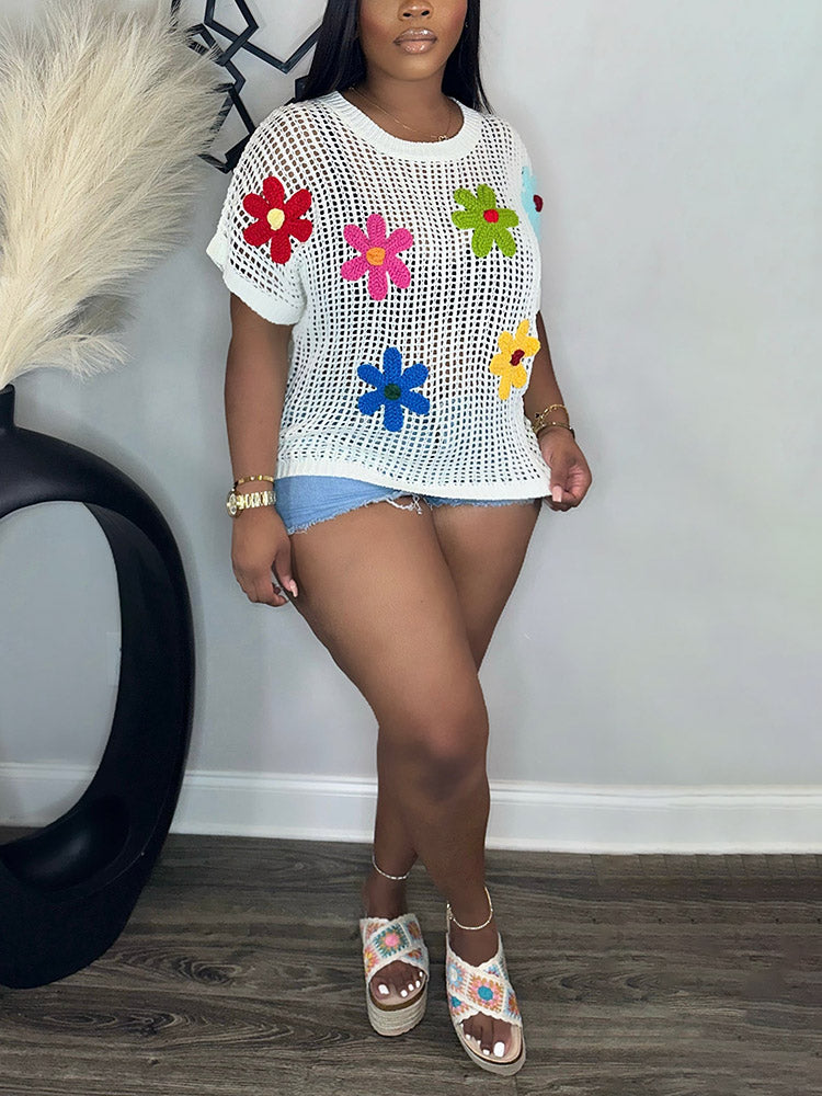 Beach Floral Crochet Knit Top Khaki / XL