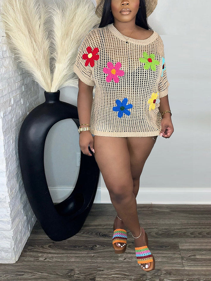 Beach Floral Crochet Knit Top Khaki / M