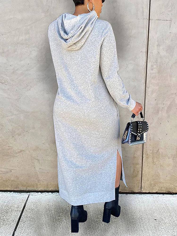 Slant Pockets Drawstring Hoodie Dress Gray / M