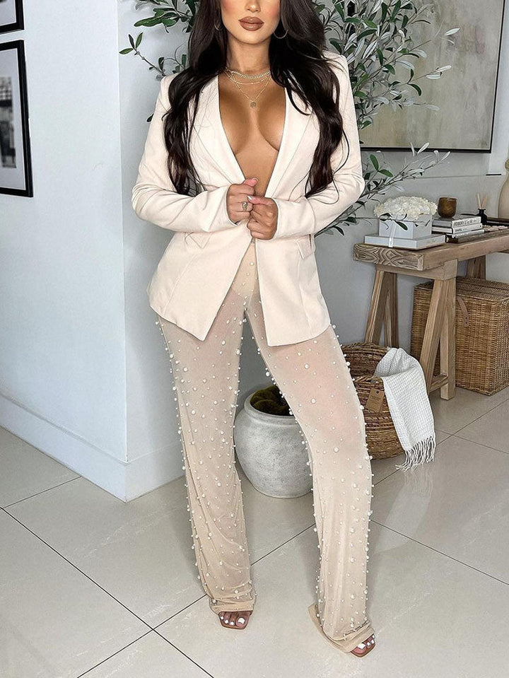 Blazer Beaded Sheer Pants Set Nude / L