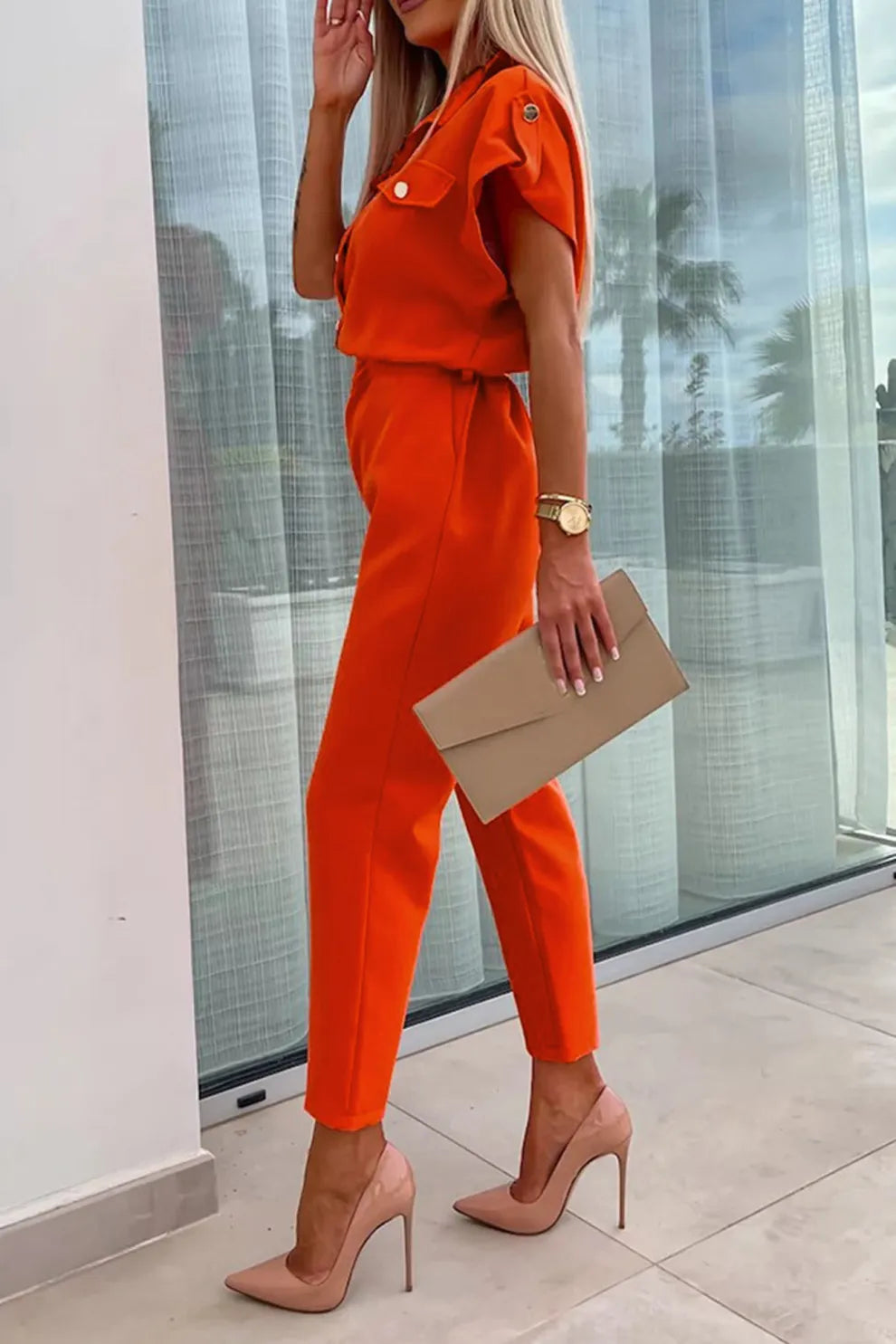Cap Sleeve High Waist Cargo Jumpsuits