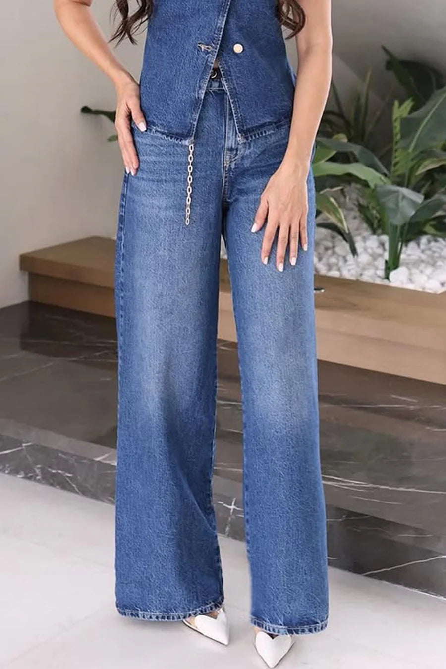 Denim Tank Top Wide Leg Jeans Sets