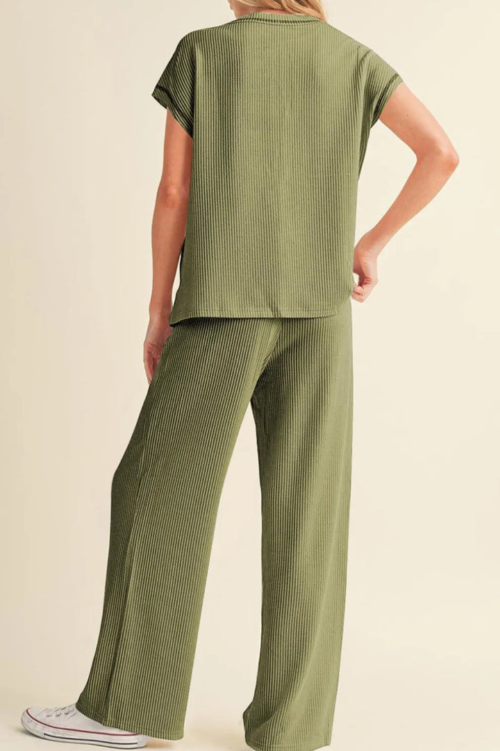 Ribbed T-shirt Wide Leg Long Pants Set