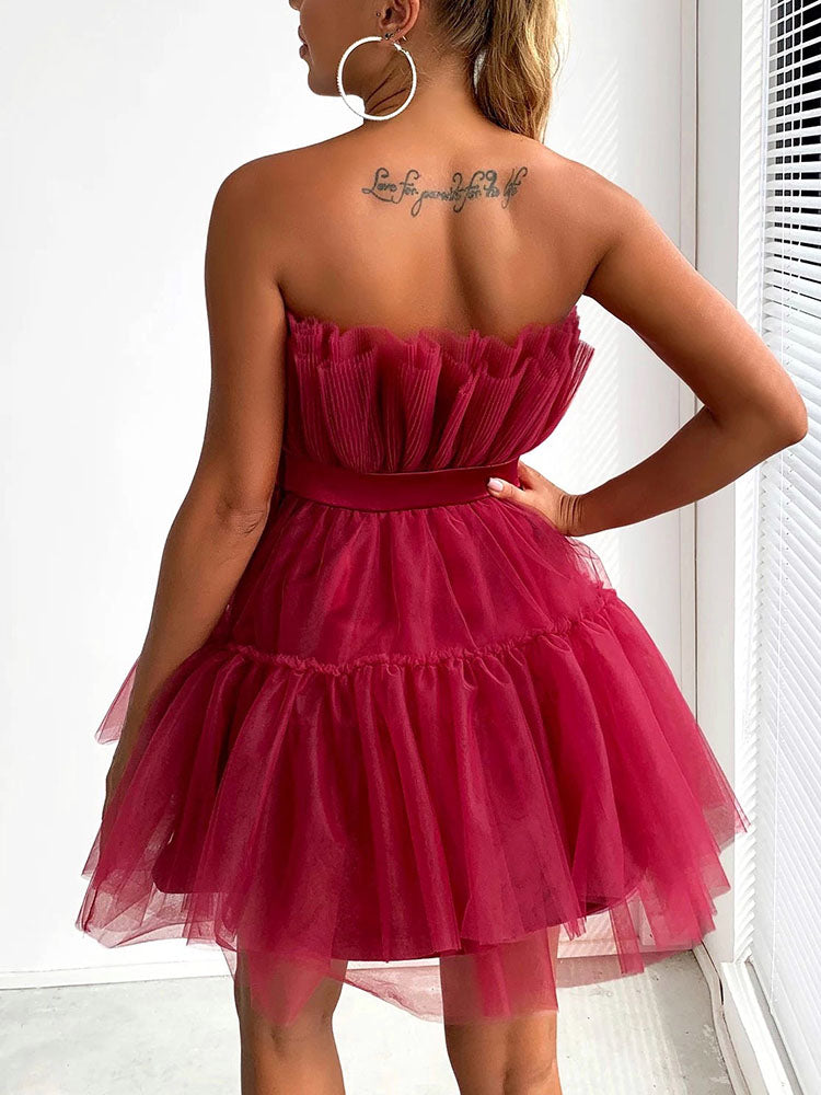 Bow Decor Layered Tulle Cocktail Dress Burgundy / XL