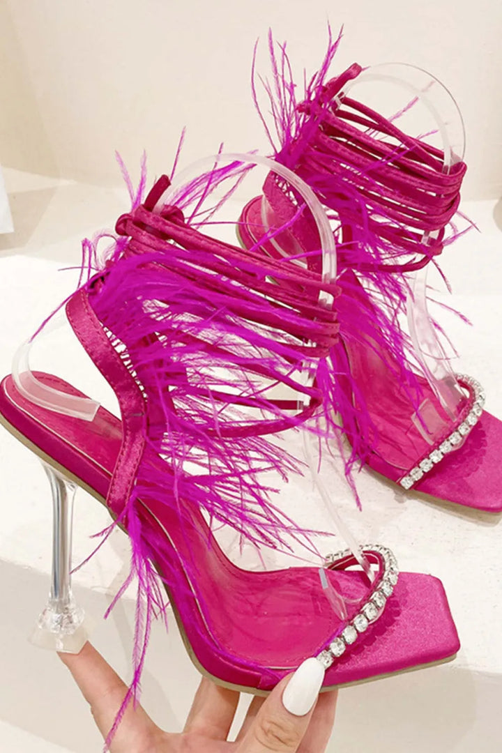 Rhinestone Feather Tie-up Square Toe Sandals