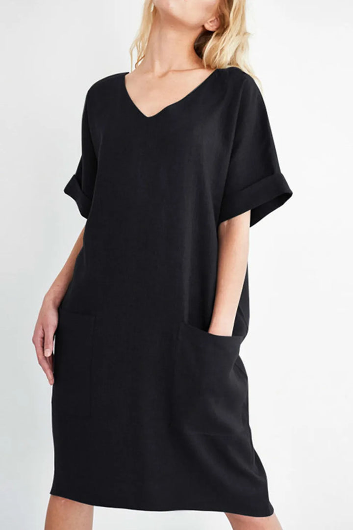 V Neck Short Sleeve Pocketed Cotton Dress