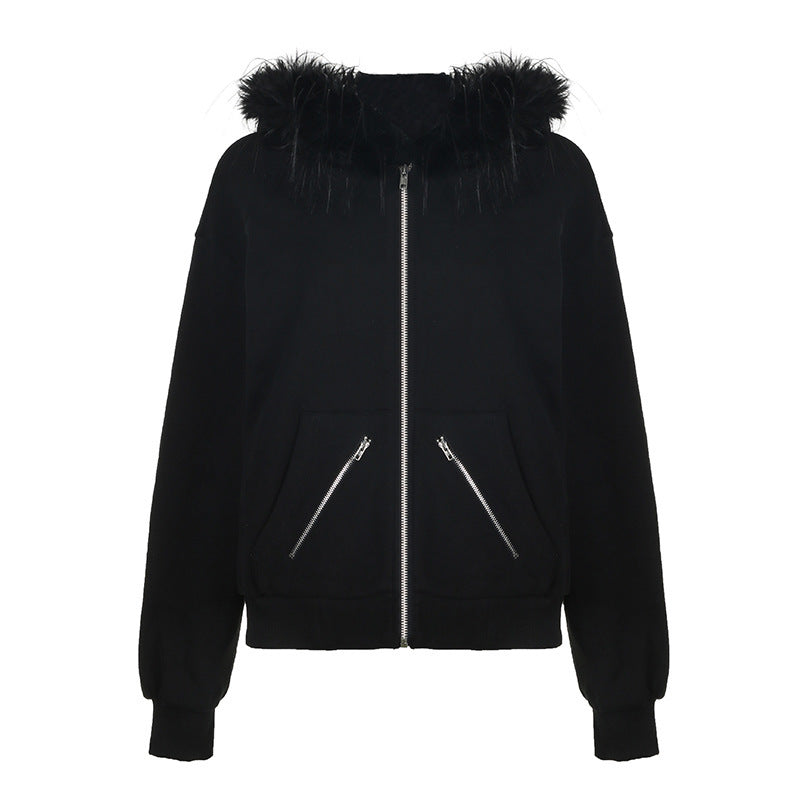 Zipper Split Print Plush Hoodie Black