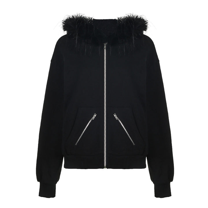 Zipper Split Print Plush Hoodie Black