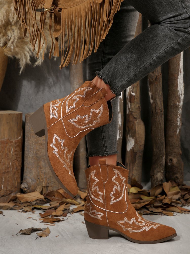 Pointed Toe Embroidered Women's Leather Boots
