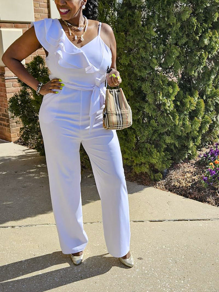 Ruffle Belted Wide Jumpsuit Pink / L