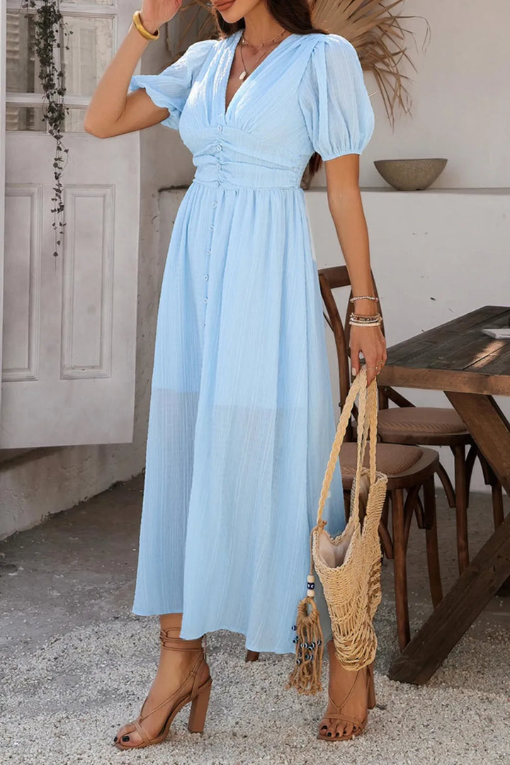 Puff Sleeve Single Breasted Slit Dress
