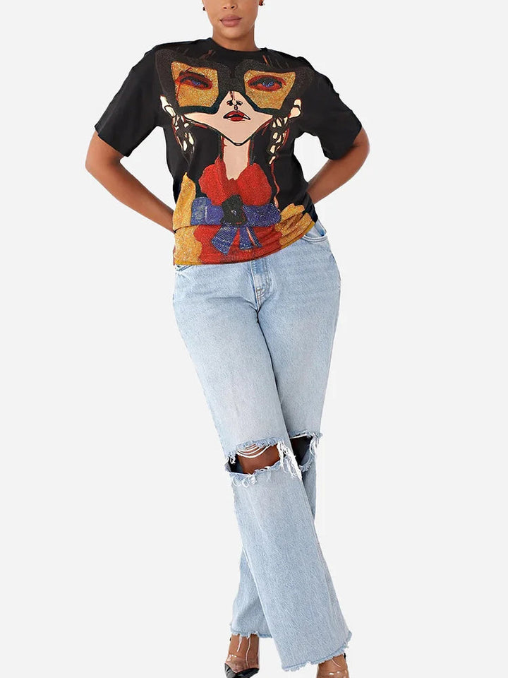 Rhinestones Embellished Casual Tee Purple / L