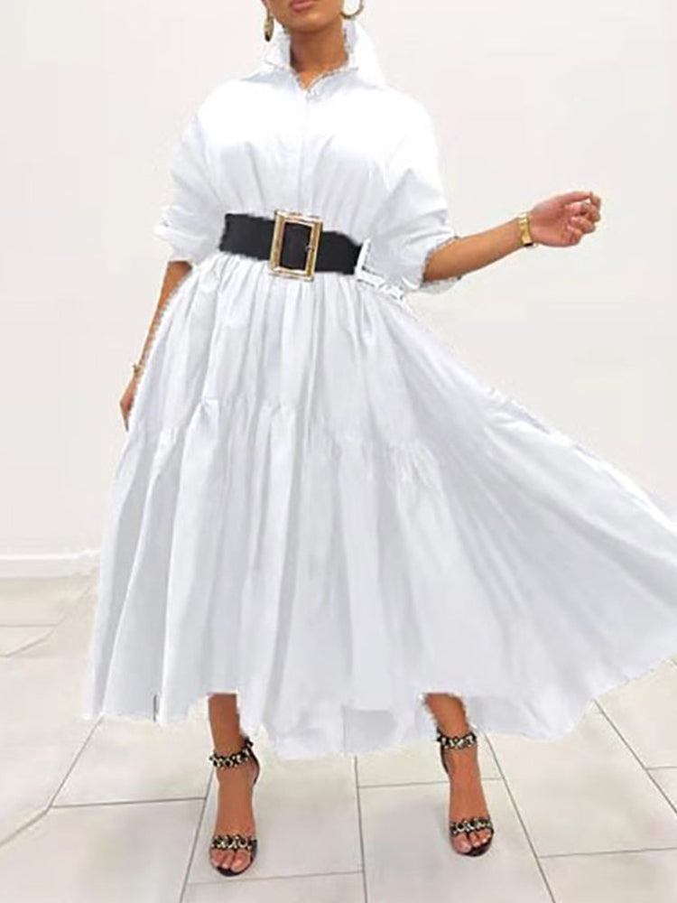 Loose Solid Long Shirt Dress White / S