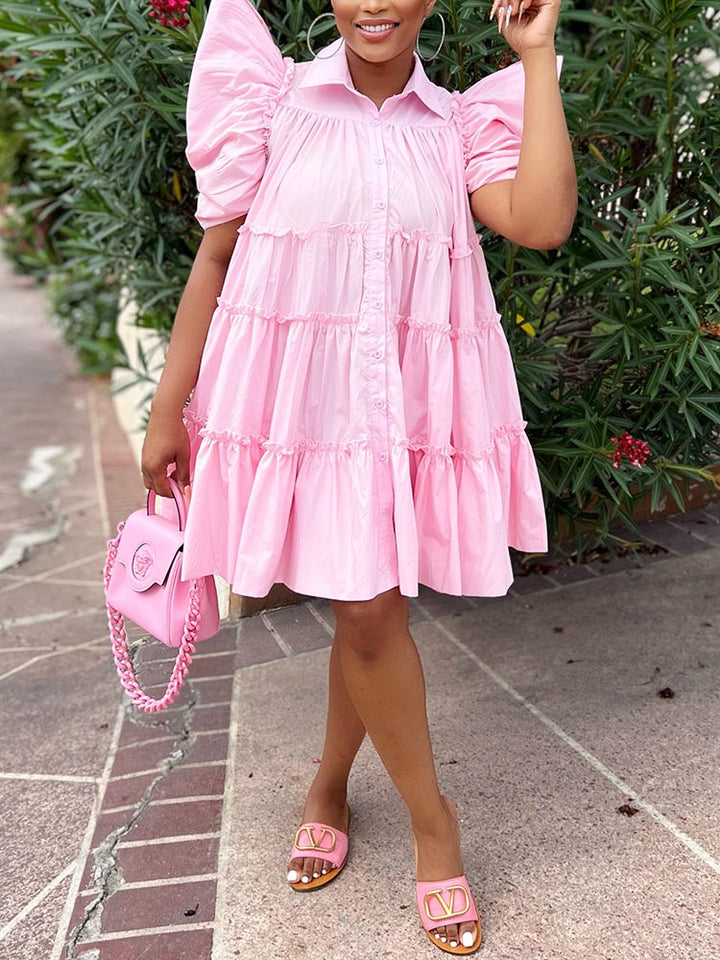 Puff Sleeve Ruffle Shirt Dress Pink / S