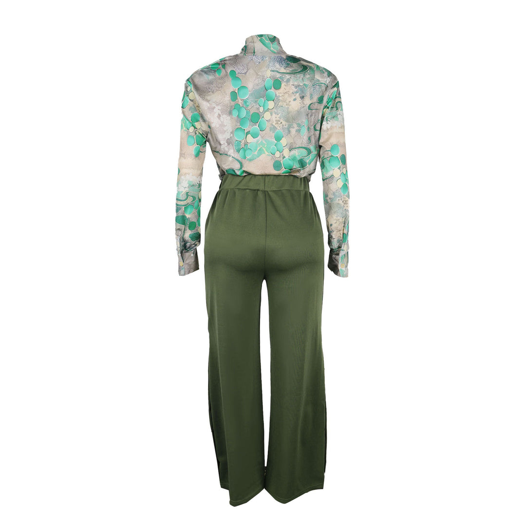 Vintage Printed V-Neck Shirt Wide Leg Pants Set
