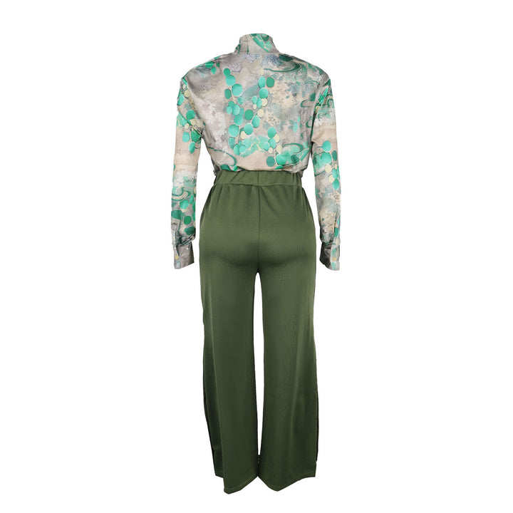 Vintage Printed V-Neck Shirt Wide Leg Pants Set