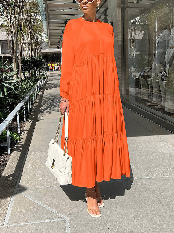 Solid Color Long Sleeve Ruffle Dress Apricot / 2XL