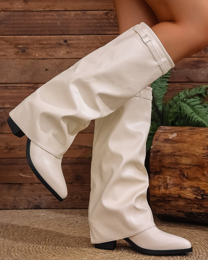 Pointed Toe Pleated Chunky Heel Boots