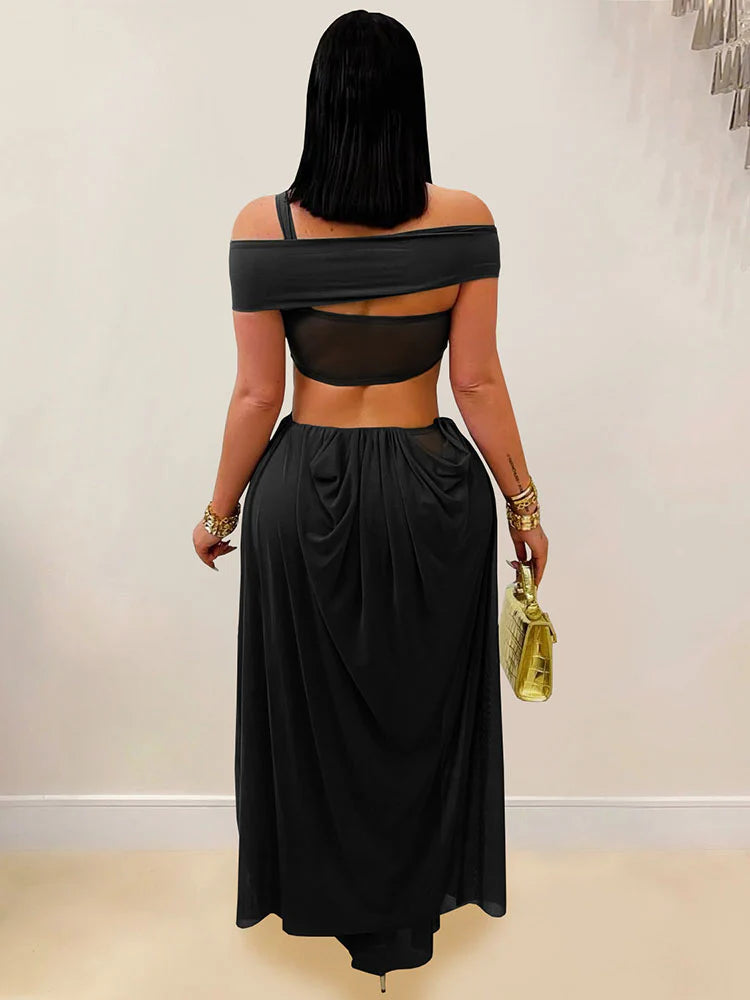 Draped Mesh Maxi Dress
