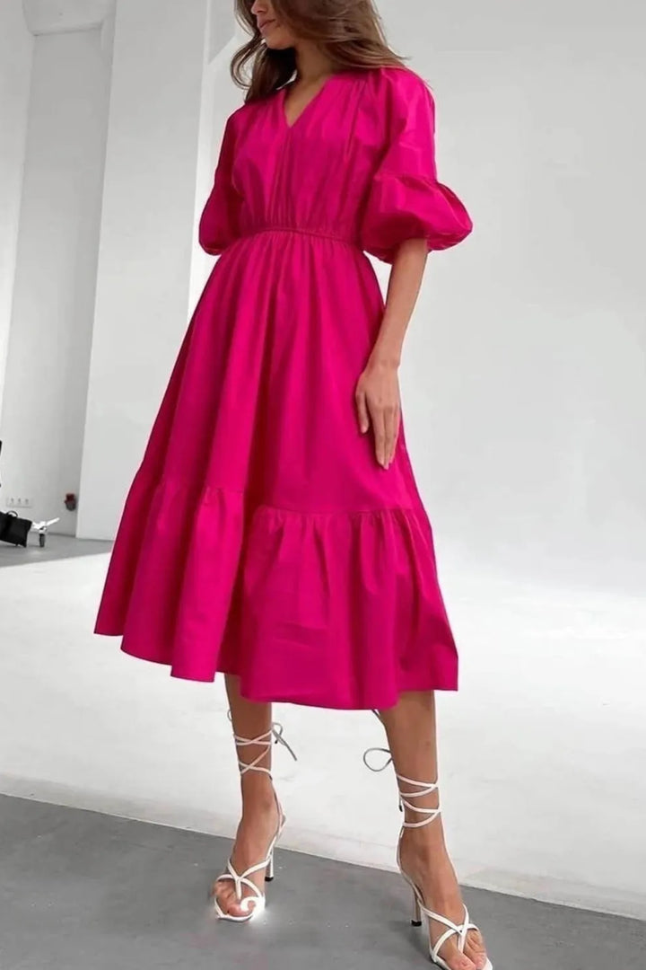 Half Sleeve V Neck High Waist Midi Dress