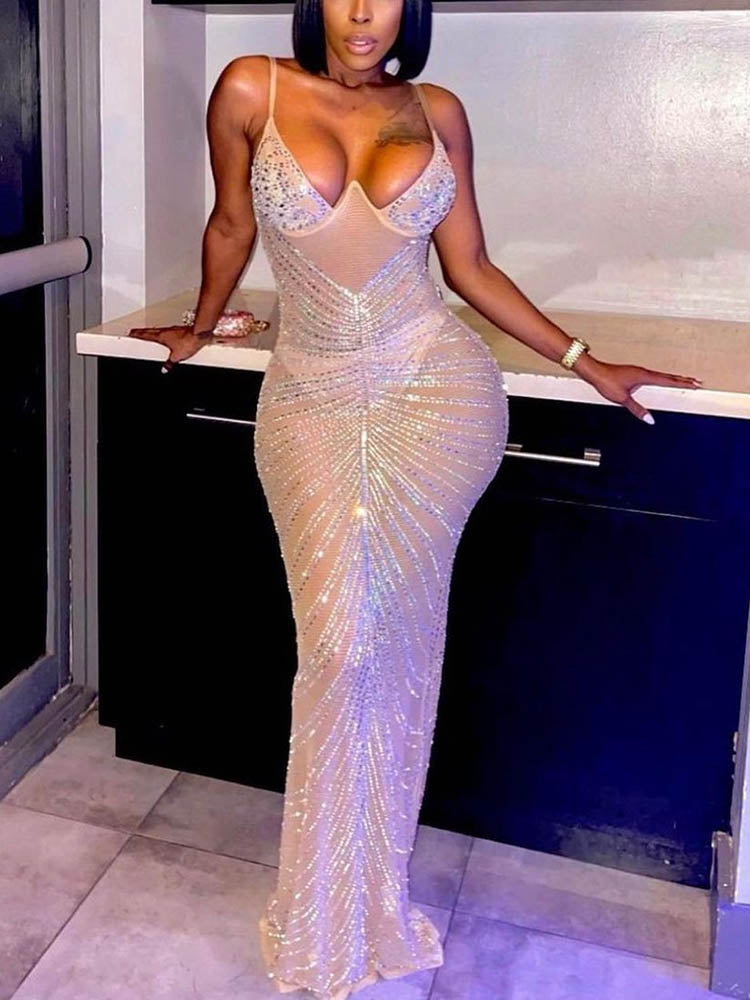 Sheer Mesh Rhinestone Party Dress Apricot / 2XL