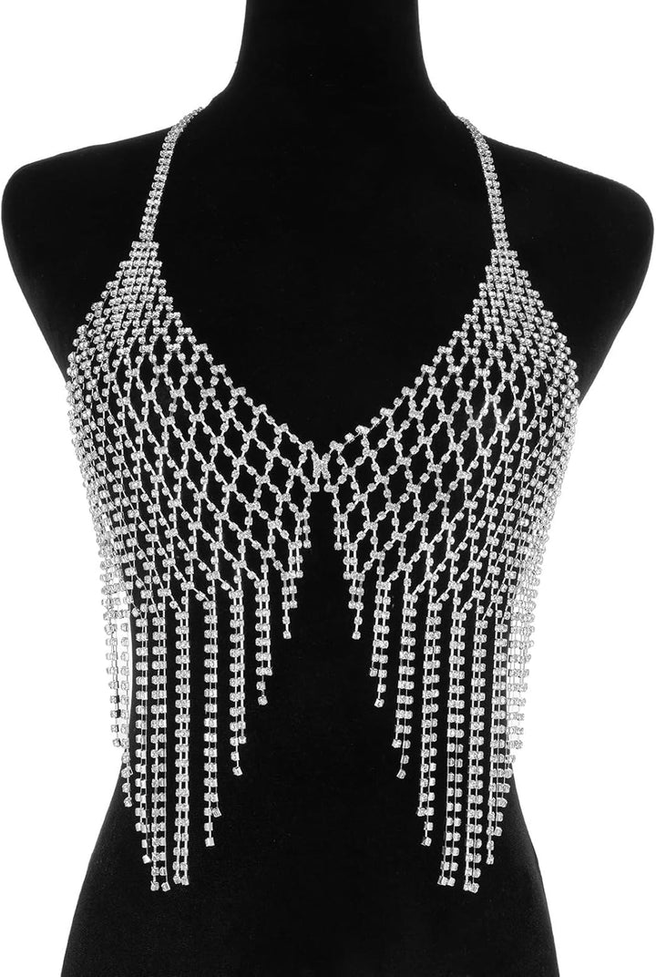 Aethers & Co A18  Rhinestone Chest Chain Bra Body Jewelry for Women Silver Bikini Bra Body Chains