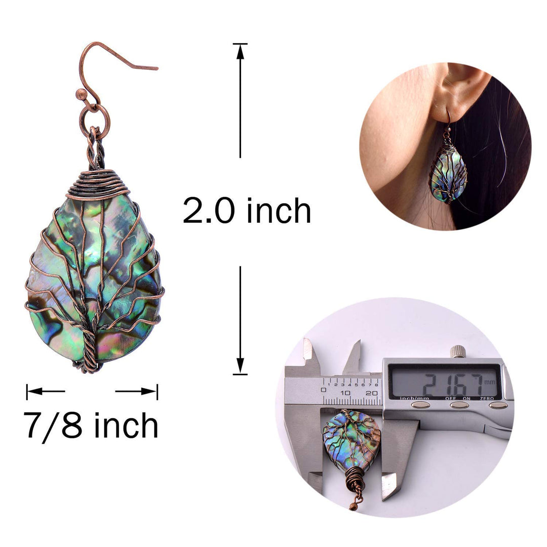 Aethers & Co A5 Handmade Teardrop Abalone Shell Dangle Earrings for Women, Wire Craft Tree of Life Earrings