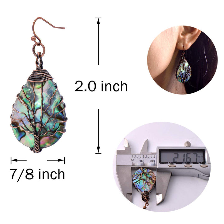 Aethers & Co A5 Handmade Teardrop Abalone Shell Dangle Earrings for Women, Wire Craft Tree of Life Earrings