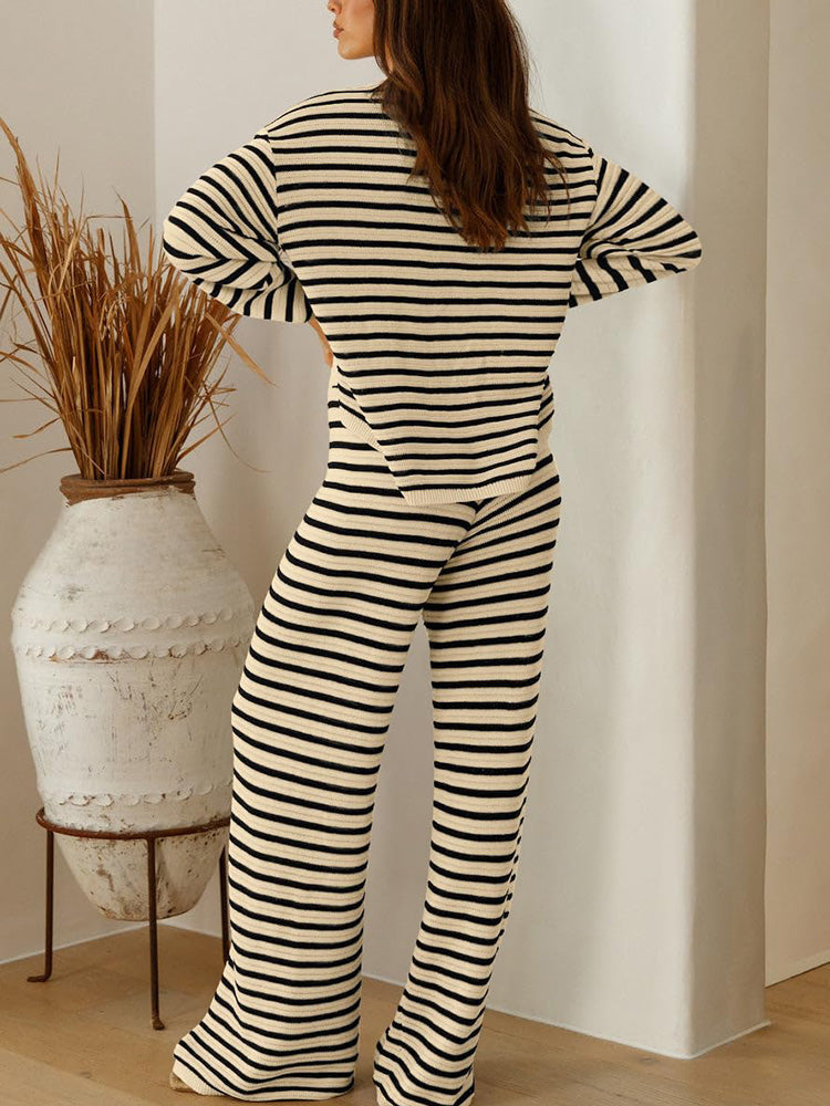 Stripe Button Knit Lounge Set Green / 2XL