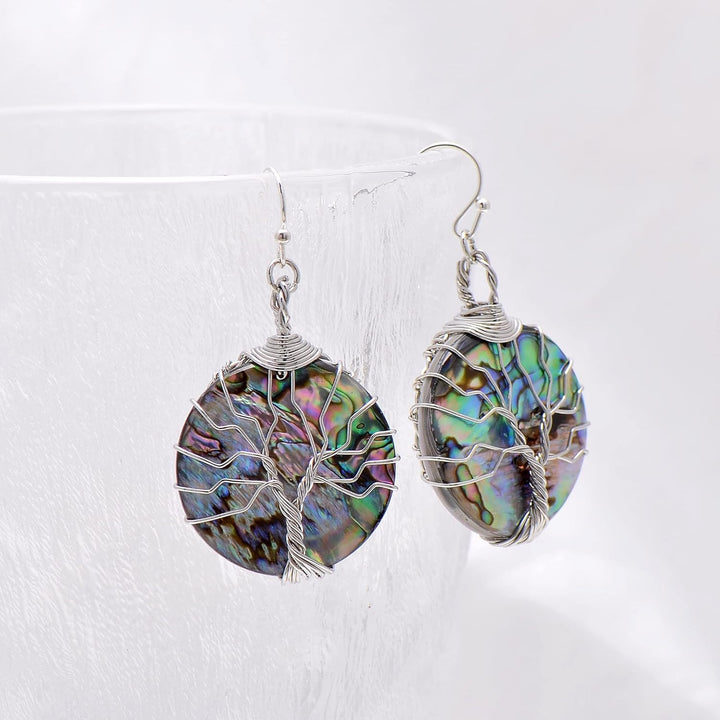 Aethers & Co A5 Handmade Teardrop Abalone Shell Dangle Earrings for Women, Wire Craft Tree of Life Earrings
