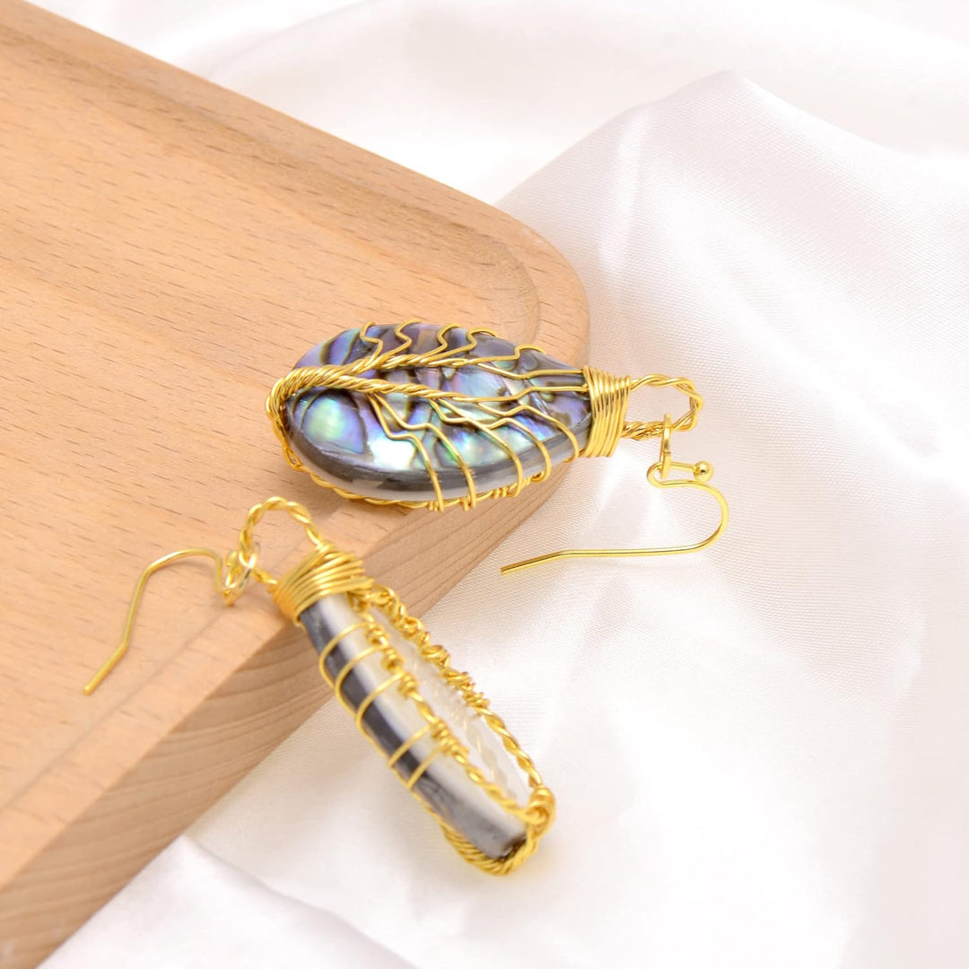 Aethers & Co A5 Handmade Teardrop Abalone Shell Dangle Earrings for Women, Wire Craft Tree of Life Earrings