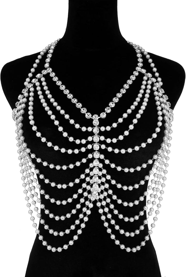 Aethers & Co A18  Rhinestone Chest Chain Bra Body Jewelry for Women Silver Bikini Bra Body Chains