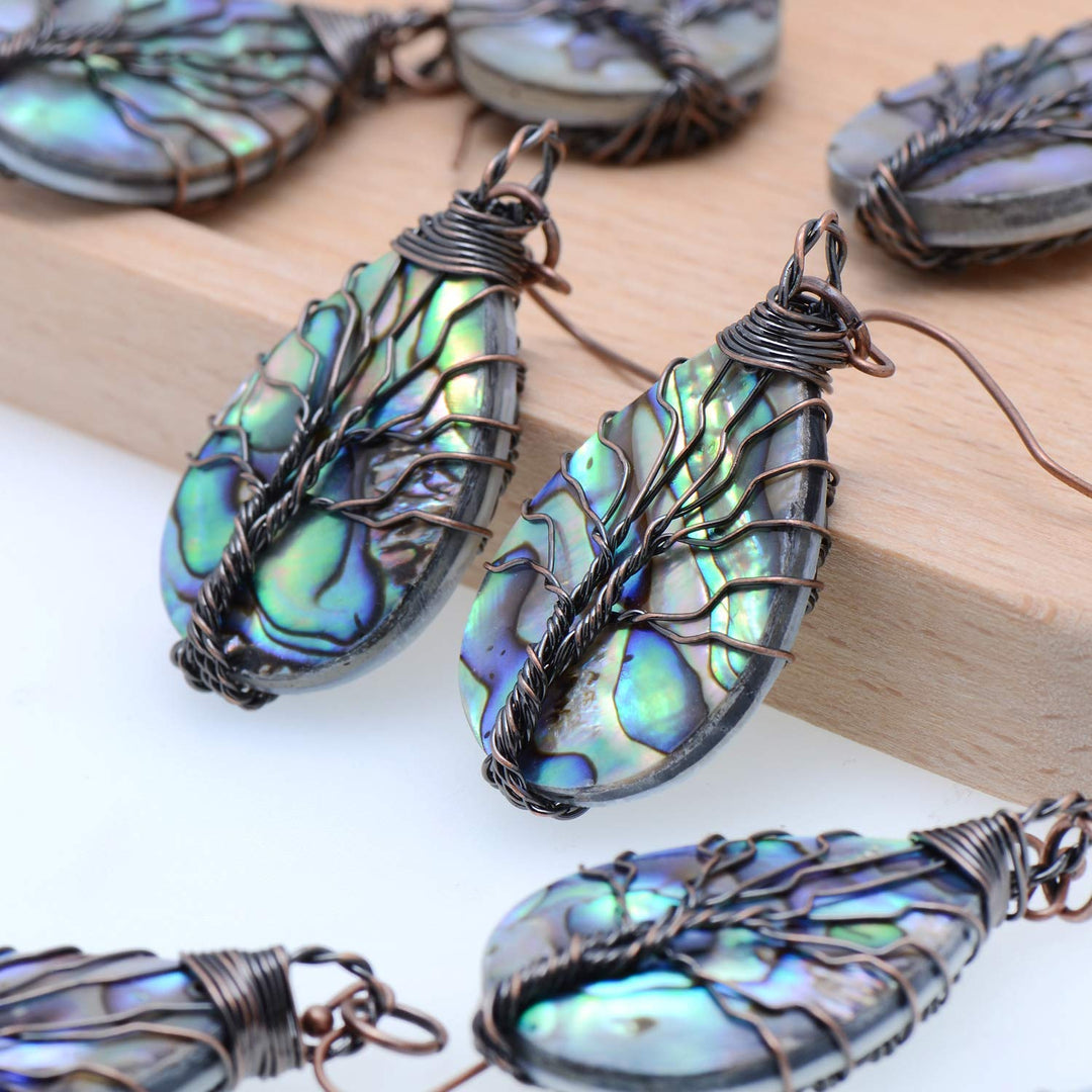 Aethers & Co A5 Handmade Teardrop Abalone Shell Dangle Earrings for Women, Wire Craft Tree of Life Earrings