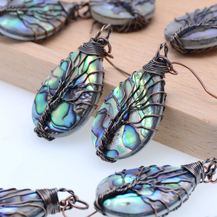 Aethers & Co A5 Handmade Teardrop Abalone Shell Dangle Earrings for Women, Wire Craft Tree of Life Earrings