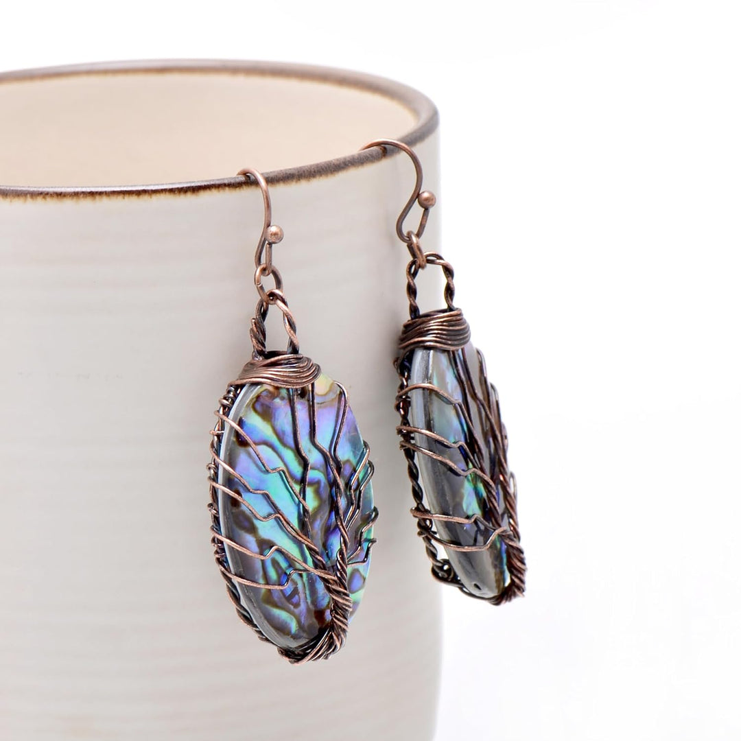 Aethers & Co A5 Handmade Teardrop Abalone Shell Dangle Earrings for Women, Wire Craft Tree of Life Earrings