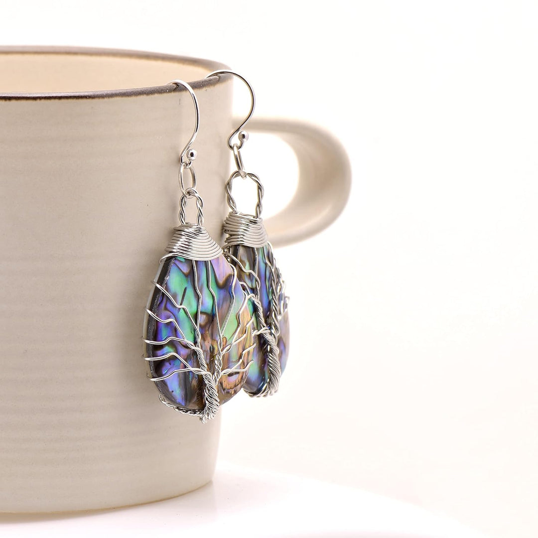 Aethers & Co A5 Handmade Teardrop Abalone Shell Dangle Earrings for Women, Wire Craft Tree of Life Earrings
