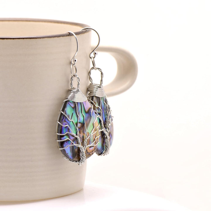 Aethers & Co A5 Handmade Teardrop Abalone Shell Dangle Earrings for Women, Wire Craft Tree of Life Earrings