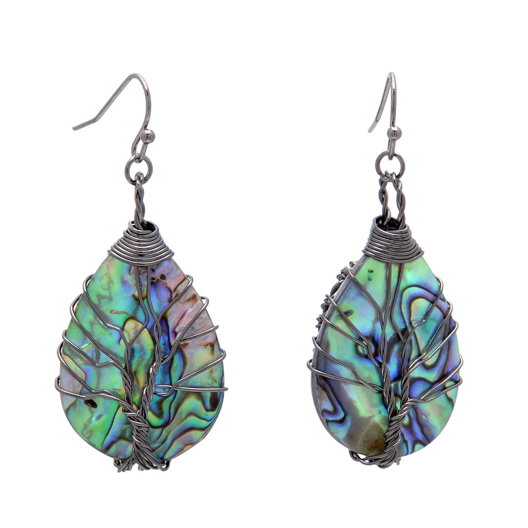 Aethers & Co A5 Handmade Teardrop Abalone Shell Dangle Earrings for Women, Wire Craft Tree of Life Earrings