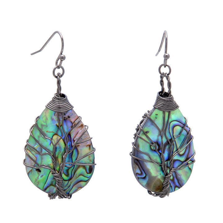 Aethers & Co A5 Handmade Teardrop Abalone Shell Dangle Earrings for Women, Wire Craft Tree of Life Earrings