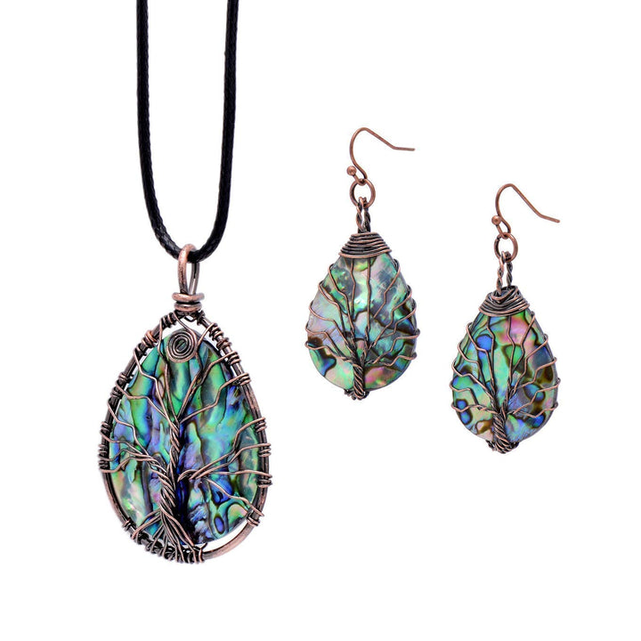 Aethers & Co A5 Handmade Teardrop Abalone Shell Dangle Earrings for Women, Wire Craft Tree of Life Earrings