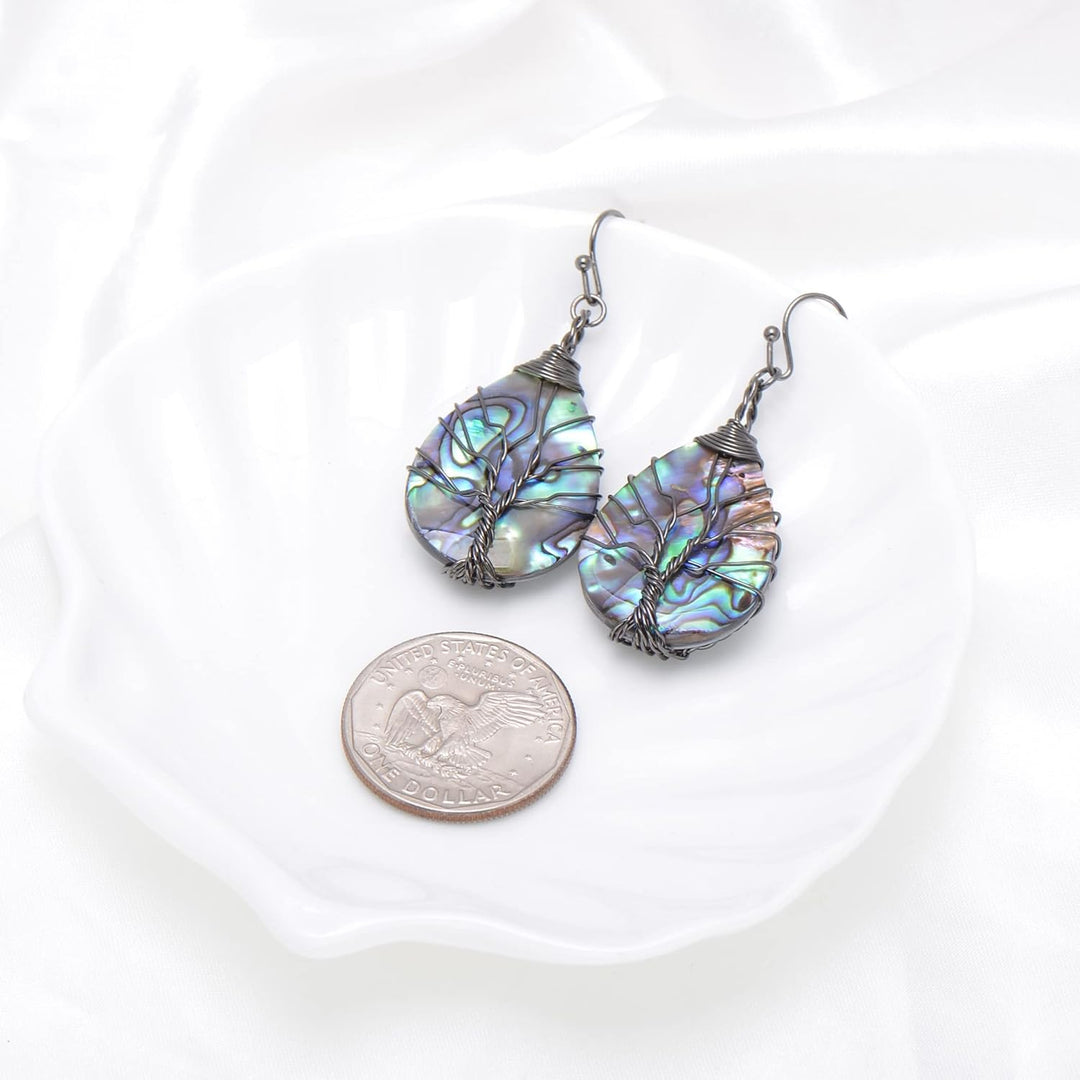 Aethers & Co A5 Handmade Teardrop Abalone Shell Dangle Earrings for Women, Wire Craft Tree of Life Earrings