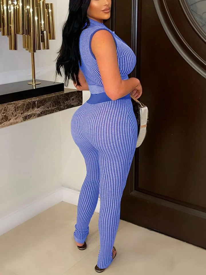 Zip Crop Top Bodycon Pants Set Black / XL