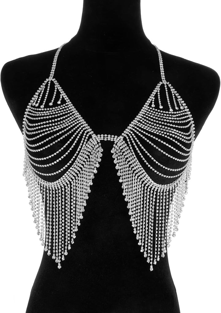 Aethers & Co A18  Rhinestone Chest Chain Bra Body Jewelry for Women Silver Bikini Bra Body Chains