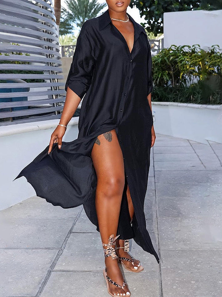 Button Down Maxi Shirt Dress *Black / L