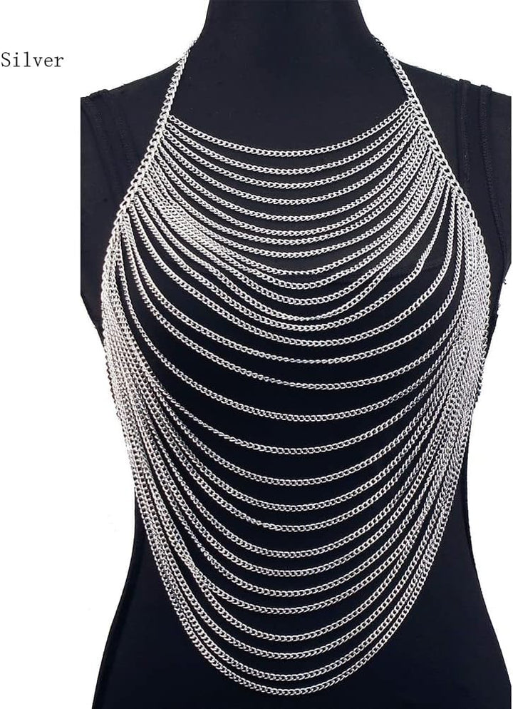 Aethers & Co A4 Full Body Chain Jewelry for Women Sexy Costume Multilay Silver Metal Chain Harness