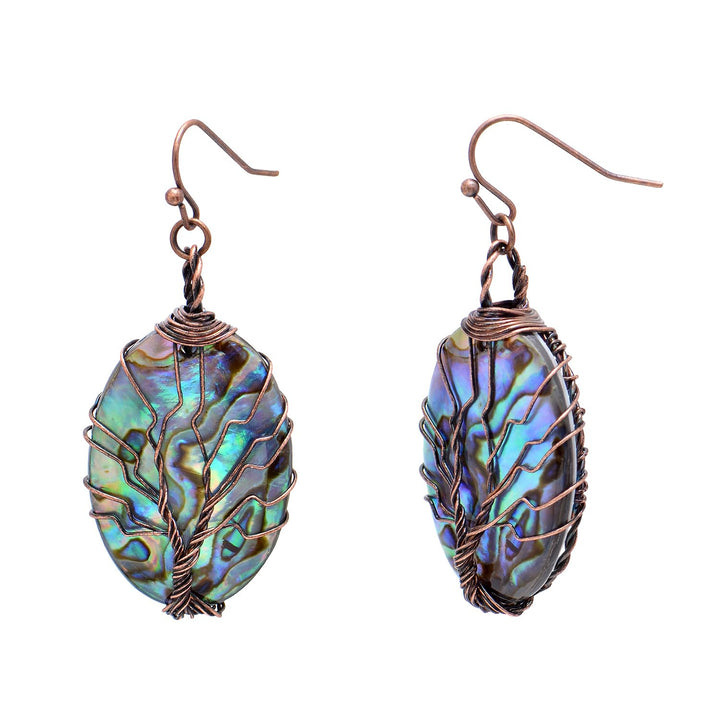Aethers & Co A5 Handmade Teardrop Abalone Shell Dangle Earrings for Women, Wire Craft Tree of Life Earrings