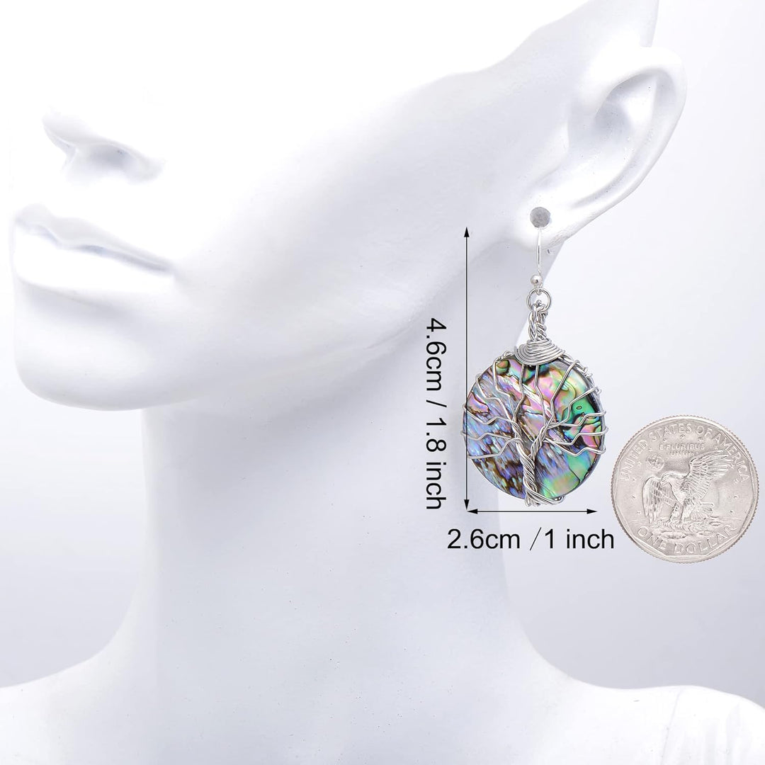 Aethers & Co A5 Handmade Teardrop Abalone Shell Dangle Earrings for Women, Wire Craft Tree of Life Earrings