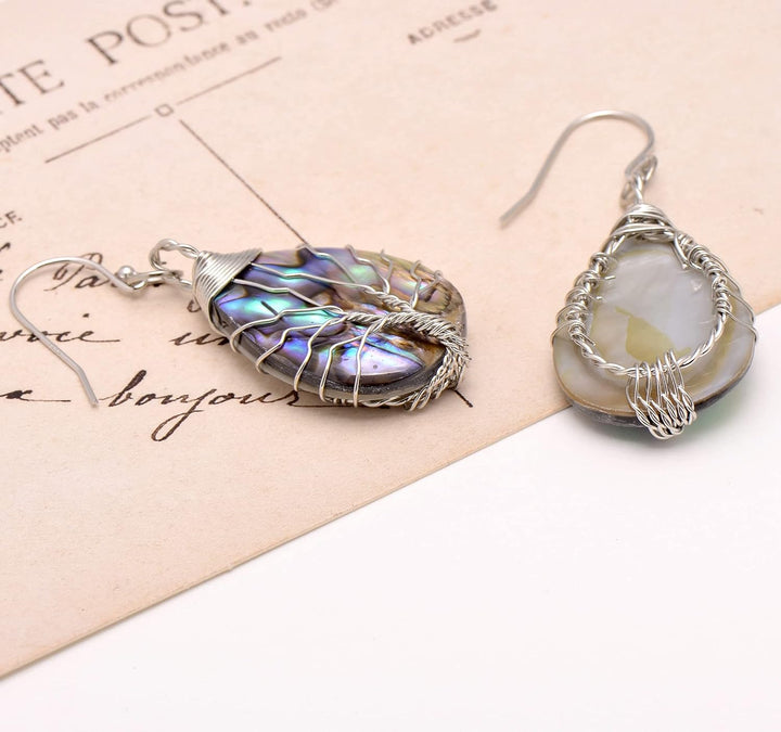 Aethers & Co A5 Handmade Teardrop Abalone Shell Dangle Earrings for Women, Wire Craft Tree of Life Earrings